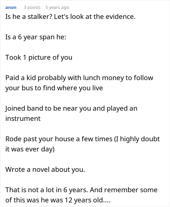 Text post discussing a man&rsquo;s creepy confession and stalking behaviors causing relationship doubts over six years.