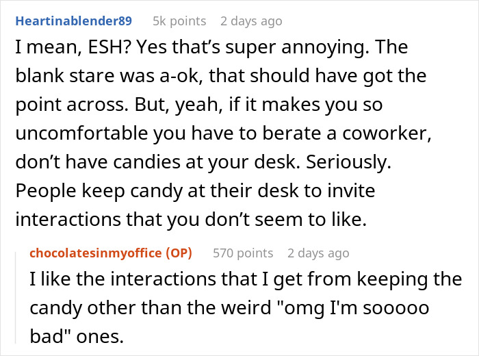 Reddit user discusses coworker's annoying candy routine and office opinions on the "ohhh I'm so bad" habit.