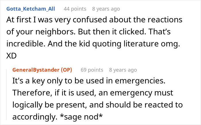 Reddit conversation about MIL using emergency key and family preparing to show what an emergency really is.
