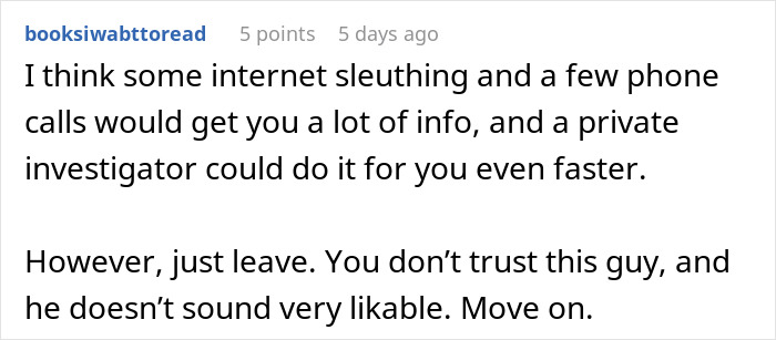 A Reddit comment advises a woman wondering about her husband's behavior to investigate or leave, suspecting a secret child.