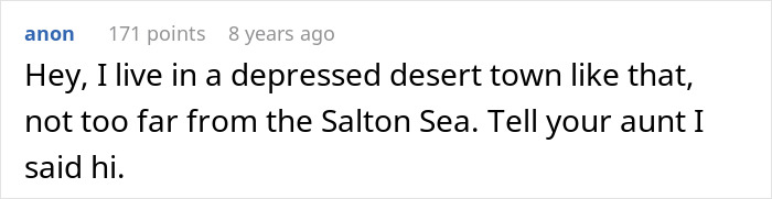 Screenshot of an online comment mentioning living in a depressed desert town near the Salton Sea.