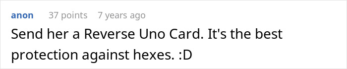 Commenter suggesting to send a Reverse Uno Card as protection against hexes in an online discussion.