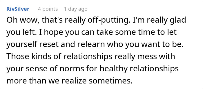 User comment expressing relief after leaving a controlling relationship where partner logged every word like a science experiment.