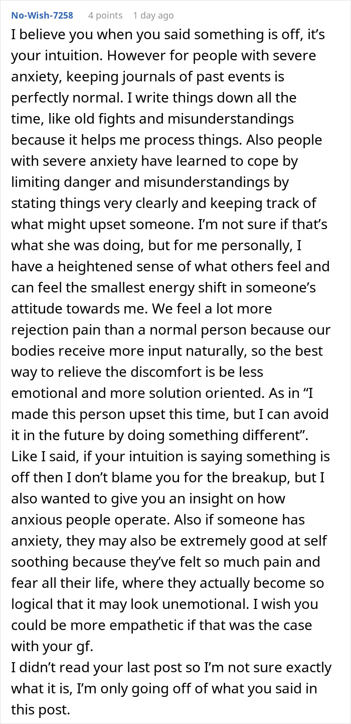 Comment explaining anxiety coping methods and intuition related to feeling like a science experiment at home.