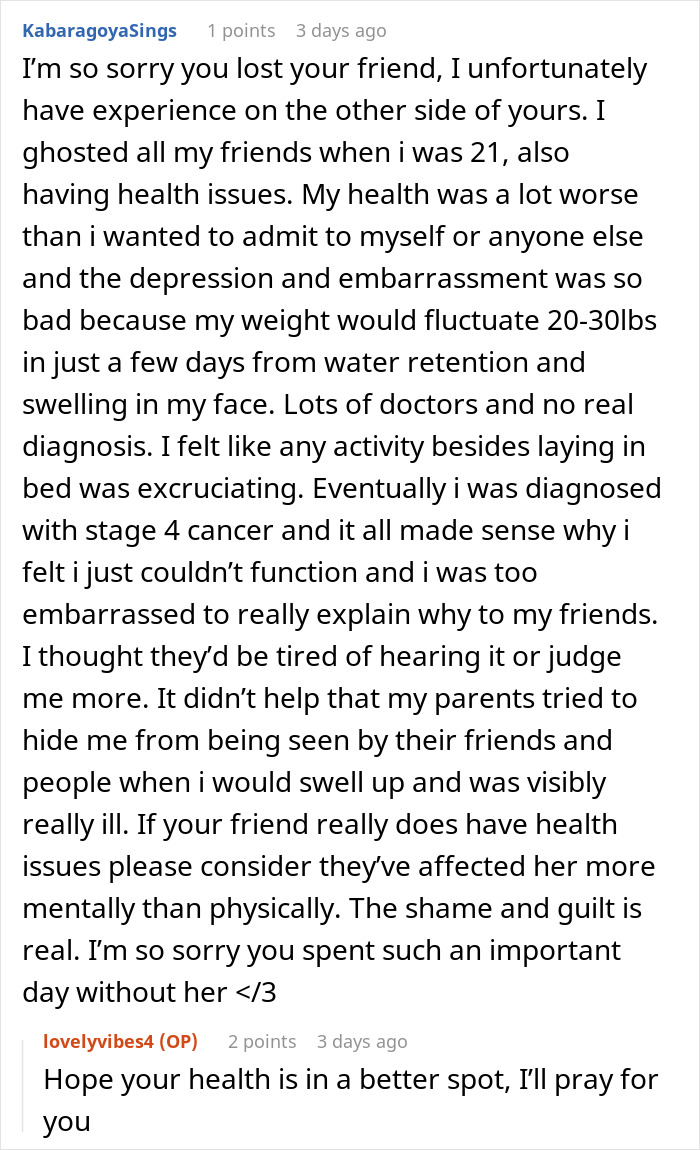 A personal story about a best friend's health issues, explaining why she might skip a wedding and break the bride's heart.