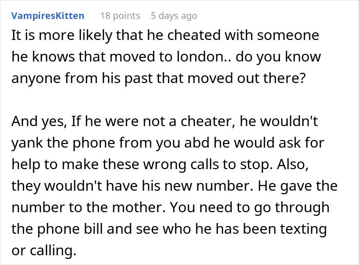 Reddit comment advising a woman on her husband's behavior, suggesting he may have a secret child or be cheating.