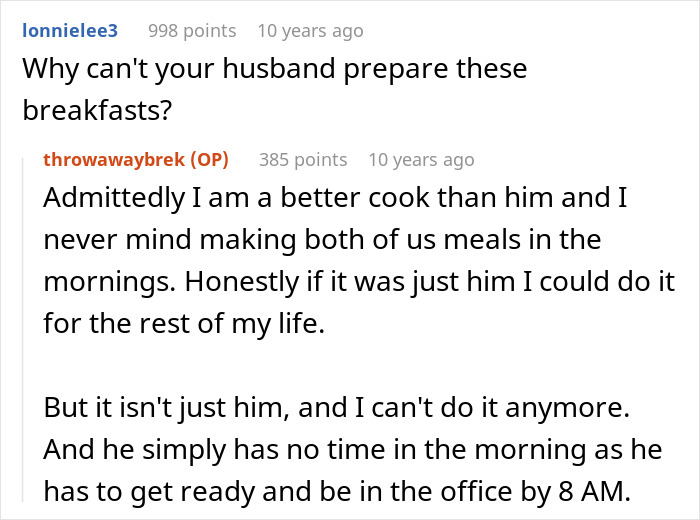 A reddit post where a user asks husband to cook breakfast, but his wife is a better cook.