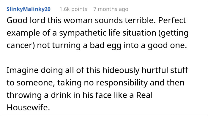 Reddit comment criticizing a wife divorcing husband during cancer out of fear, then asking for a second chance.