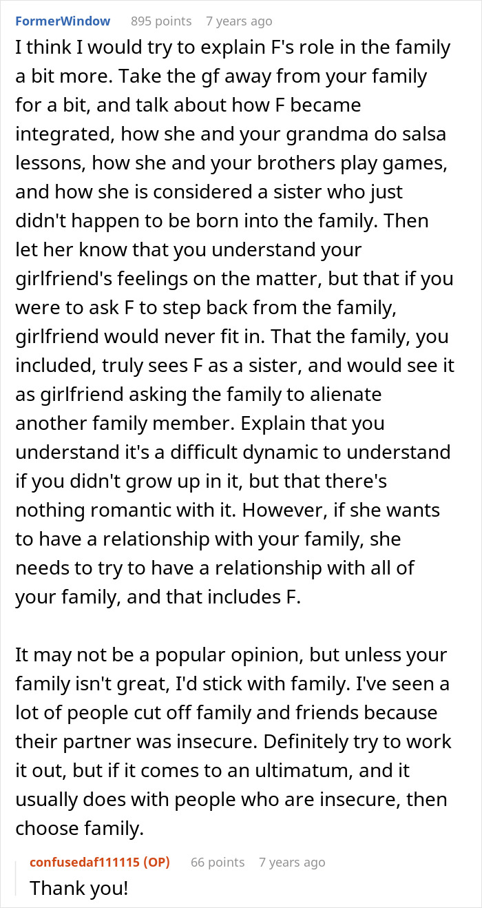 Comment discussing how a boyfriend's close female friend is integrated into his family and relationship dynamics. Comment discussing how a boyfriend's close female friend is integrated into his family and relationship dynamics.
