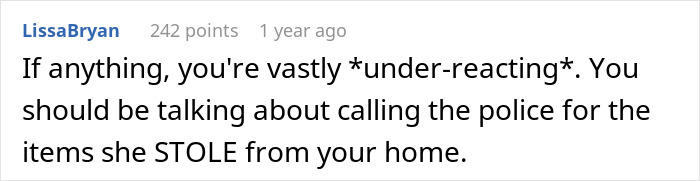 A comment from LissaBryan advising to call the police for stolen items, in response to a woman's different house MIL situation.