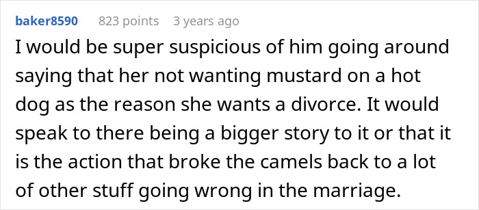 Screenshot of a forum comment discussing a man&rsquo;s outburst over wife not liking mustard, hinting at bigger marriage issues.