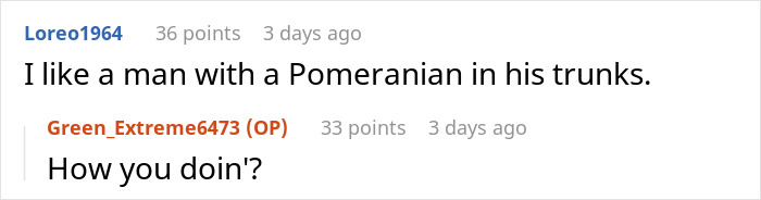 Screenshot of a Reddit comment thread where a user jokes about a man making family uncomfortable after they refuse to leave his house.
