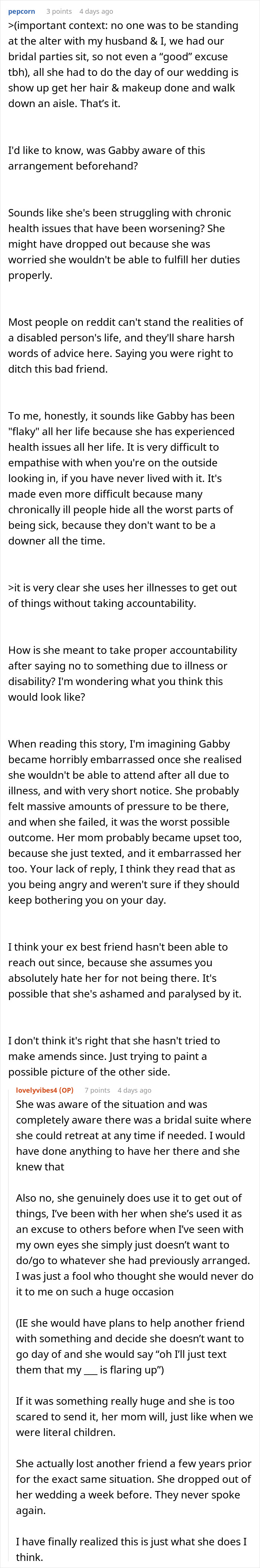 A Reddit post detailing a bride's heartbreak when her best friend skips the wedding due to illness.