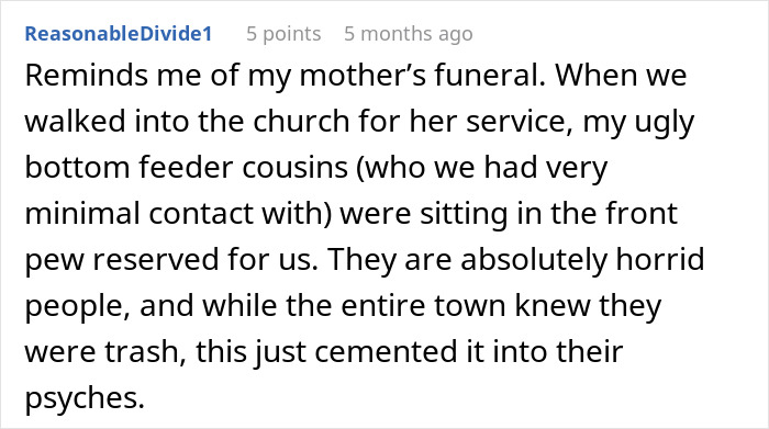 A Reddit comment from ReasonableDivide1 about family entitlement at a funeral, echoing a stranger's entitlement at a main wedding table.