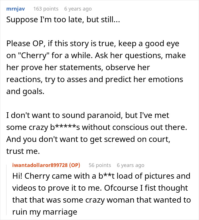 A screenshot of a Reddit thread discussing a woman finding her husband's secret wife. Users advise vigilance and proof.