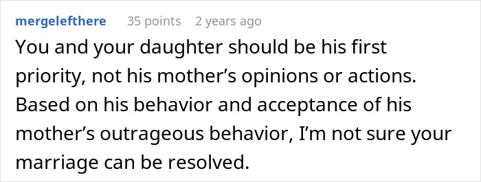 A Reddit comment discussing a man's behavior towards his donor baby and daughter, questioning if the marriage can be resolved.