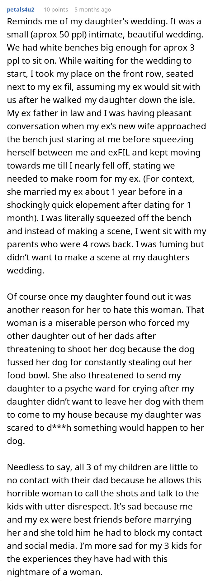 Text detailing a mother's experience at her daughter's wedding. A random stranger took the bride's mother's place.
