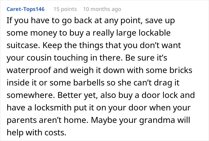 Reddit comment advising securing belongings with a lockable suitcase and door lock to protect against a cousin's lies and theft.