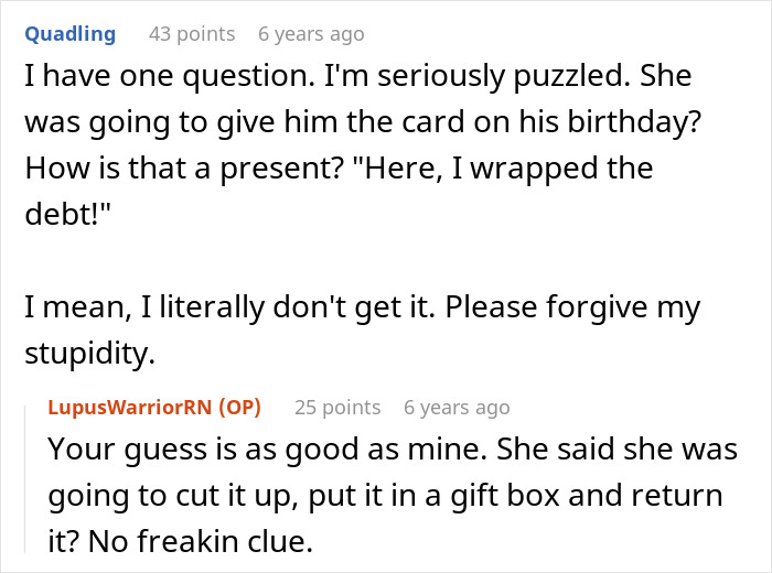 A screenshot of Reddit comments discussing a puzzling situation involving a mother and her son's debt, prompting a Young Family to buy a house.
