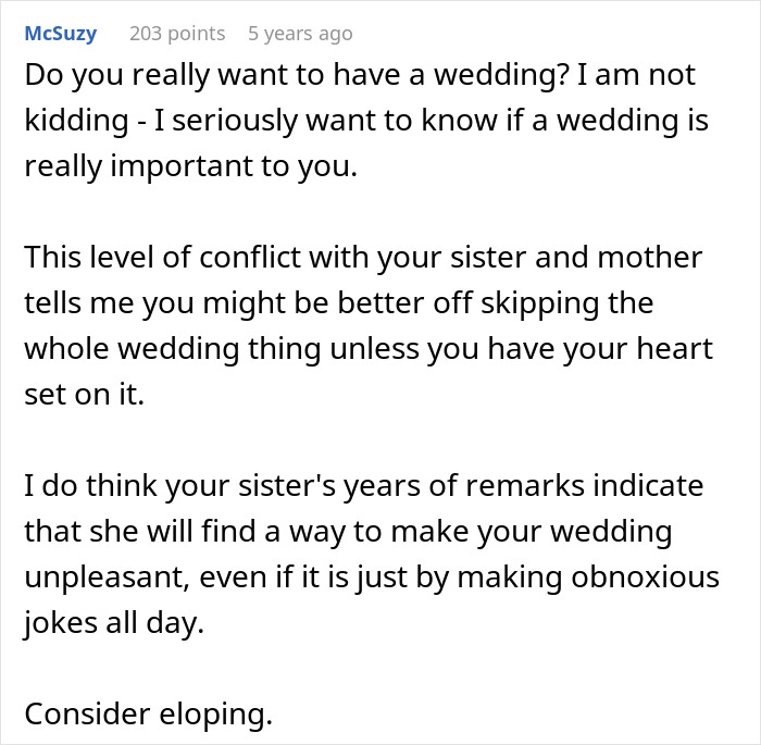 Alt text: Advice on wedding worries about sister sabotaging event due to past incident and considering uninviting her.
