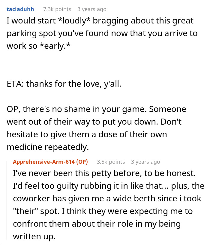 Screenshot of a Reddit conversation about employee revenge on a colleague who exposed them for arriving late.