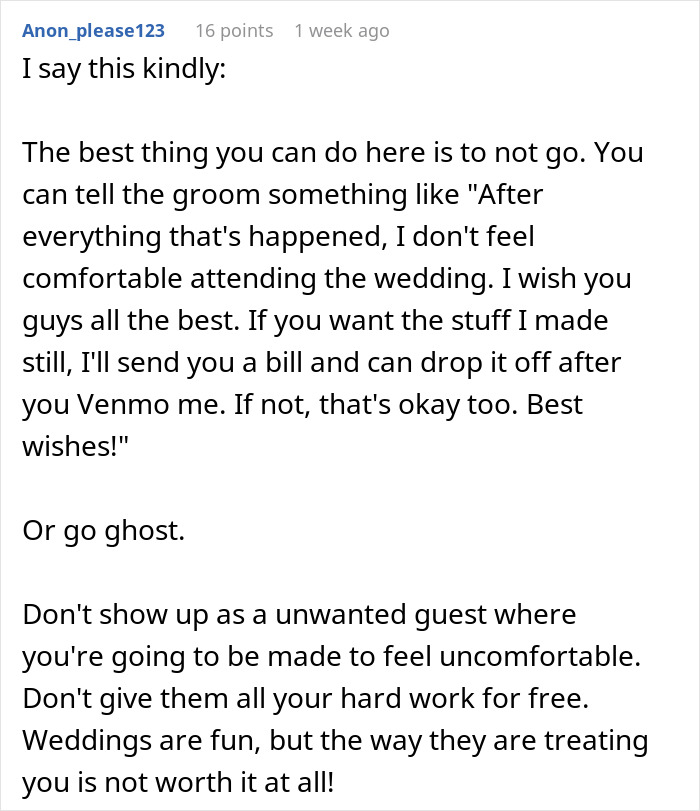 Text post discussing advice on handling an ex-girlfriend cheating and wedding guest conflicts. Text post discussing advice on handling an ex-girlfriend cheating and wedding guest conflicts.