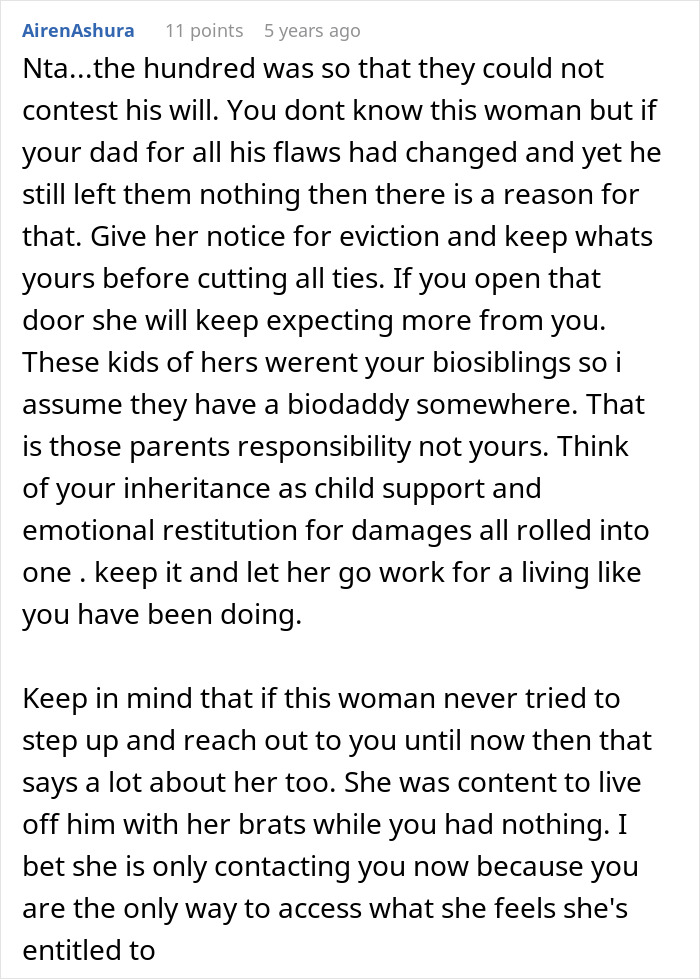 Screenshot of a text comment discussing an estranged dad&rsquo;s inheritance left to daughter and stepmom&rsquo;s demands to share equally.