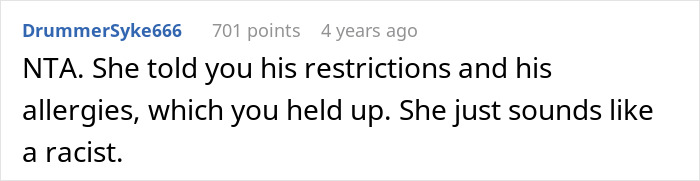 Reddit comment supports babysitter who followed restrictions for son transitioning into vegan, suggesting neighbor is racist.