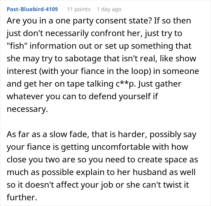 A Reddit comment on dealing with a toxic bestie who ruins love life, suggesting ways to gather evidence and create space.