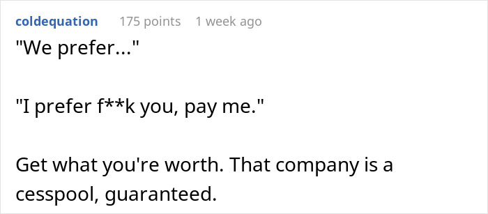 A comment thread where a user shares a job candidate's reaction to a company's offer, resulting in the candidate hanging up mid-interview.