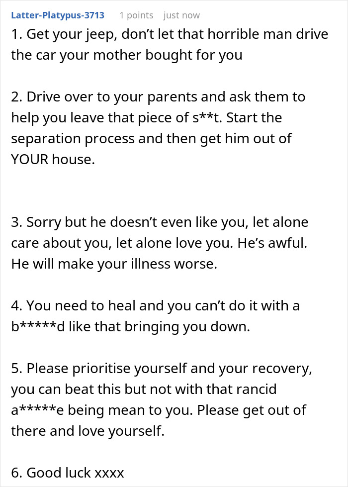 Supportive advice to a wife heartbroken after cervical cancer diagnosis, whose hubby refuses to help because of a toothache.