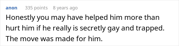 Screenshot of anonymous comment discussing writing to prisoner pen pal pretending to be gay, causing wife&rsquo;s frustration.