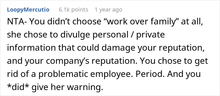 Comment from LoopyMercutio explaining the consequences of divulging private information harming company and personal reputation.