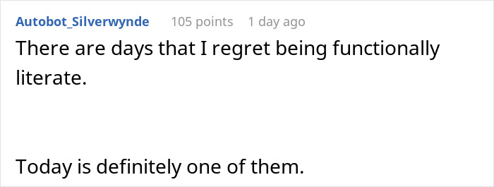 A Reddit post with text: "There are days that I regret being functionally literate. Today is definitely one of them." Reflects a sentiment about a MIL baby name argument.