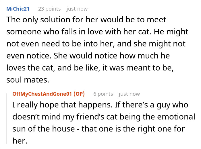 Alt text: Online discussion about a crazy cat lady choosing her cat over men while seeking K-Drama romance and love.