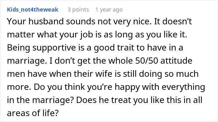 A Reddit comment about a woman's husband, asking if she's happy and if he disrespects her in all areas of life.