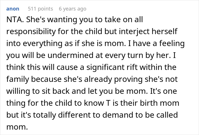 Comment discussing a woman wanting her baby adopted by her brother and conflict with sister-in-law over motherhood role. Comment discussing a woman wanting her baby adopted by her brother and conflict with sister-in-law over motherhood role.