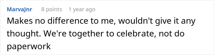 A Reddit comment: 'Makes no difference to me... We're together to celebrate, not do paperwork.' This discusses a couple legally marrying before the wedding ceremony.