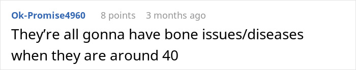 A Reddit comment discussing potential bone issues from the trend of being thinner than ever, implying consequences for health.