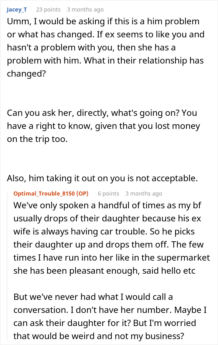 Screenshot of an online discussion about a woman confused over boyfriend’s ex causing relationship difficulties. Screenshot of an online discussion about a woman confused over boyfriend’s ex causing relationship difficulties.