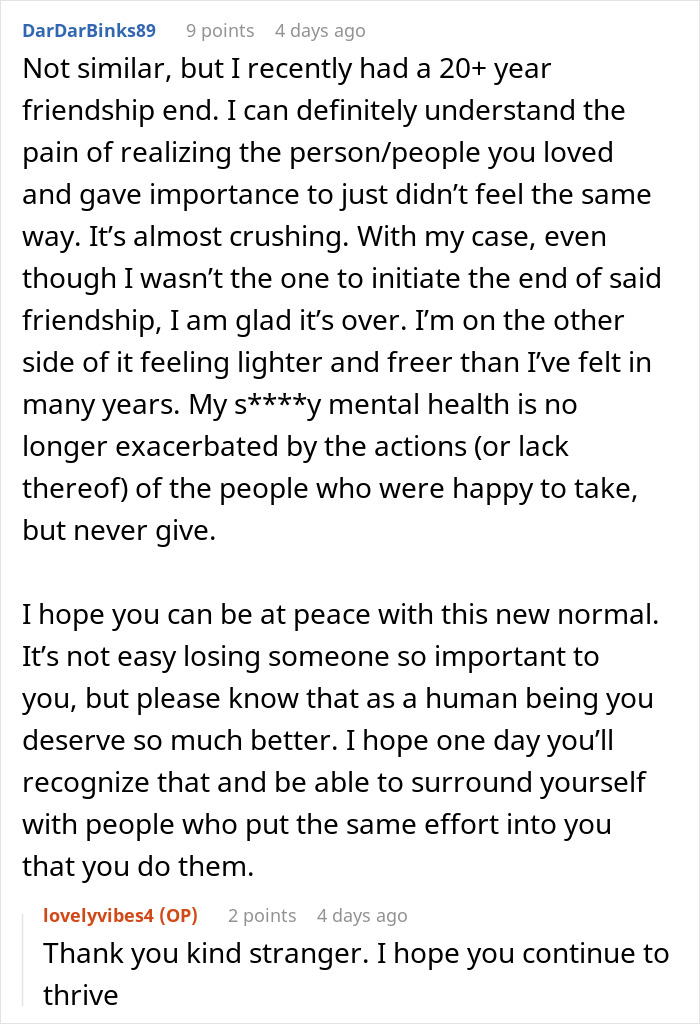 A Reddit post discussing the pain of a friendship ending, connecting to feelings of a best friend skipping a wedding.