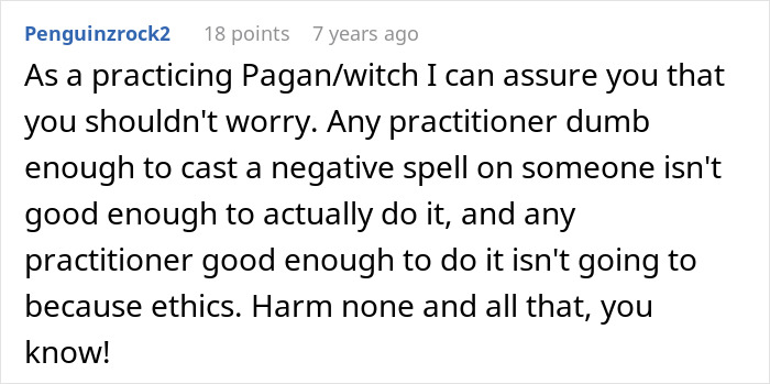 Text post from user sharing insights about Pagan/witch ethics and casting spells, relating to homophobic MIL and police officer context.