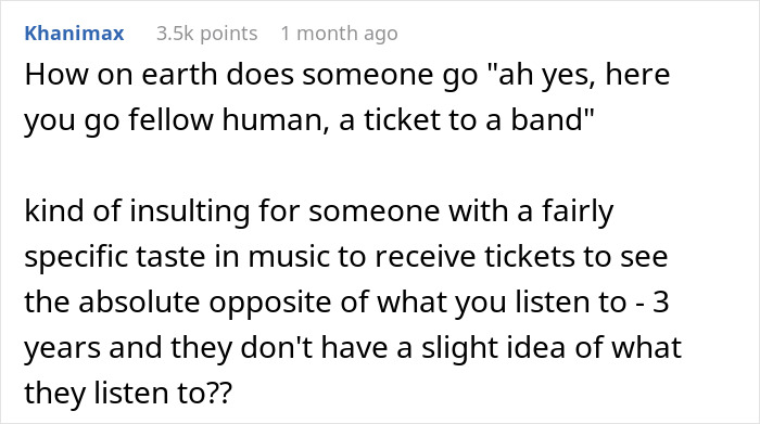 Comment discussing someone buying concert tickets for a boyfriend who loves bands, questioning the music taste mismatch.