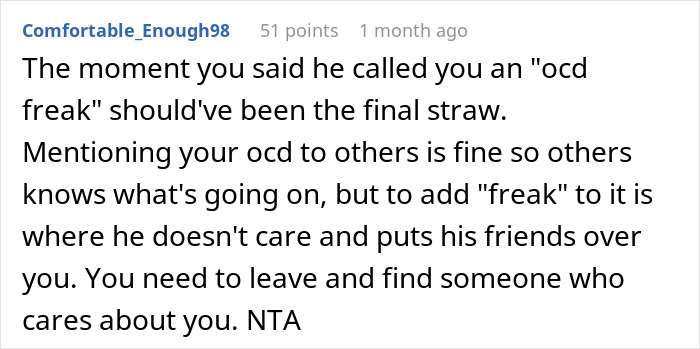 Commenter advising a woman to leave a relationship after being called an ocd freak, emphasizing self-care and respect.