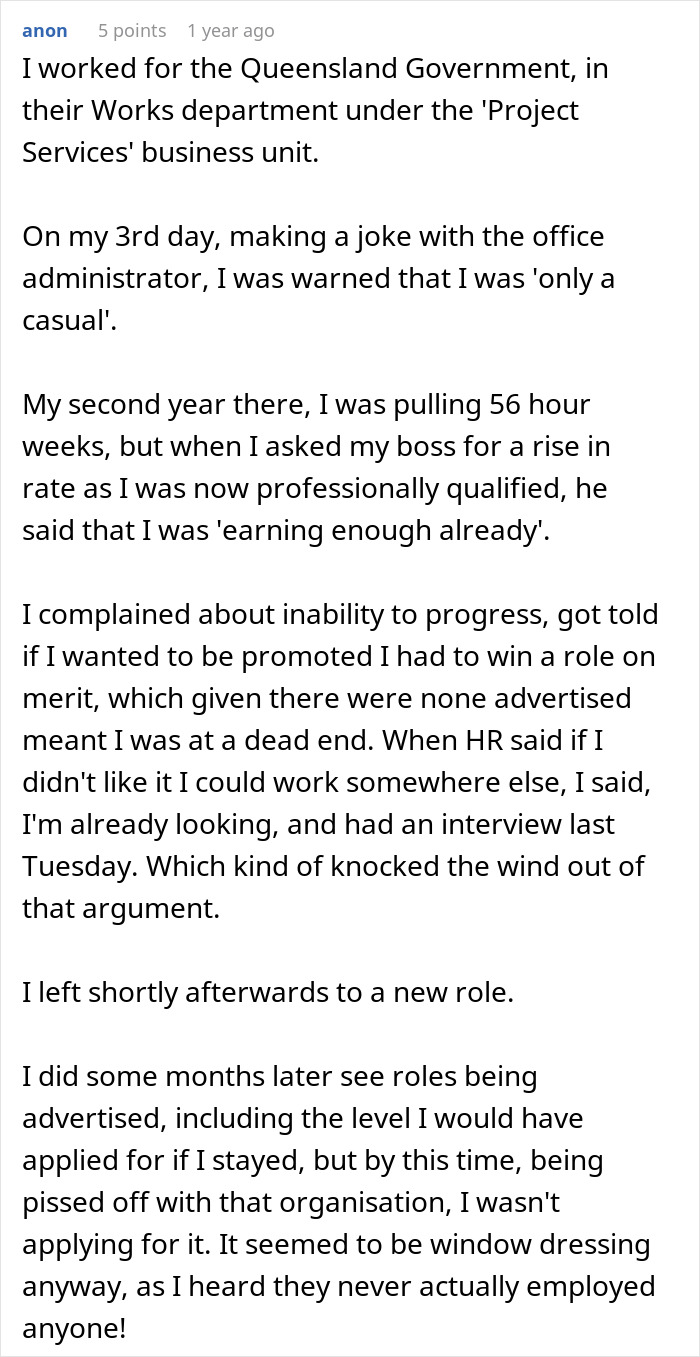 Text conversation about management chewing out a worker for going the extra mile instead of thanking them, expressing regret later.