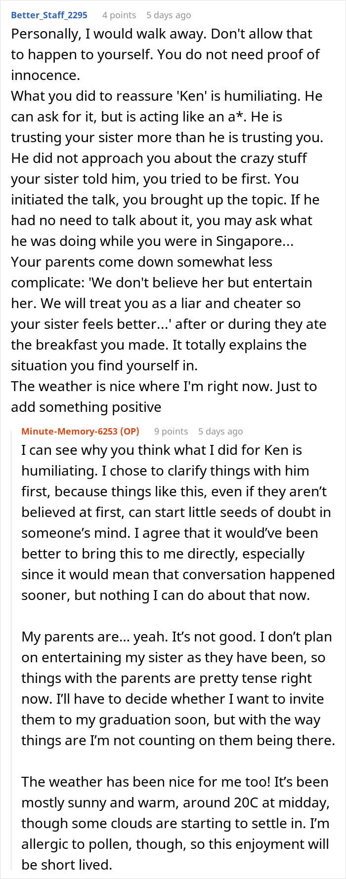 Reddit thread discussing a woman accused of sleeping with her sister&rsquo;s fianc&eacute; and family conflict.