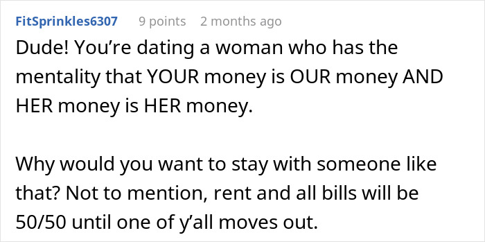 Comment from FitSprinkles6307 discussing relationship money mentality, sharing concerns about finances and bill splitting fairness.