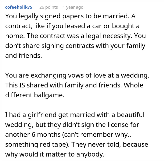 A text comment from cofeeholik75 on a discussion board about a couple legally marrying, easing bride panicking.