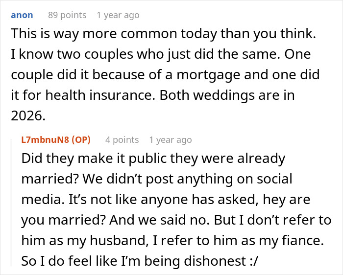 Text from a forum discussing a couple legally marrying before their wedding ceremony, with the bride panicking about guests.