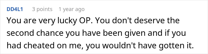 Screenshot of a user comment about betrayal and chances, related to a cheater learning a harsh life lesson.